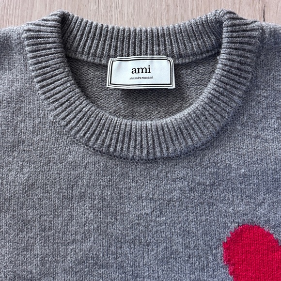 AMI Paris De Coeur Red Heart Intarsia Wool Sweater Grey Oversized Medium Unisex - Picture 6 of 15